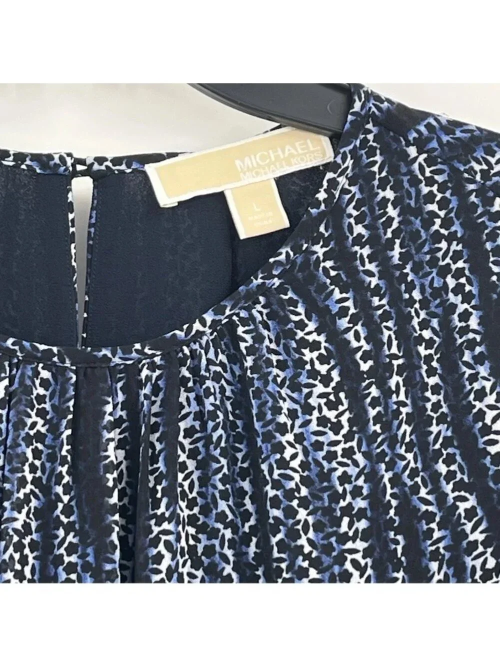 Michael Kors Georgette Smocked Lined Dress Printed Long Sleeve Womens Large Navy